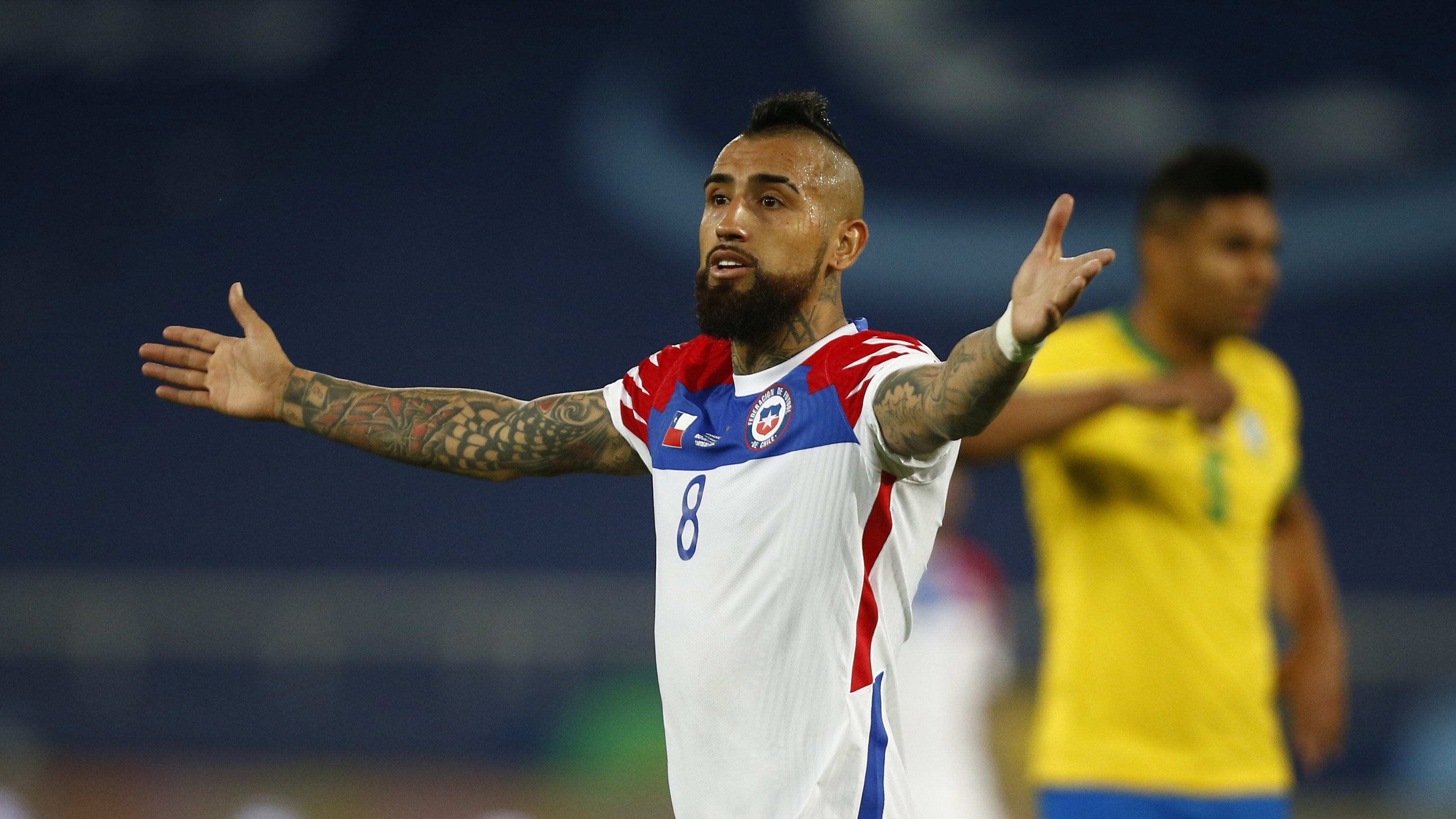 RIO DE JANEIRO, BRAZIL - JULY 02: Arturo Vidal of Chile reacts during a quarterfinal match between Brazil and Chile as part of Copa America Brazil 2021 at Estadio Olímpico Nilton Santos on July 02, 2021 in Rio de Janeiro, Brazil. (Photo by Wagner Meier/Getty Images)