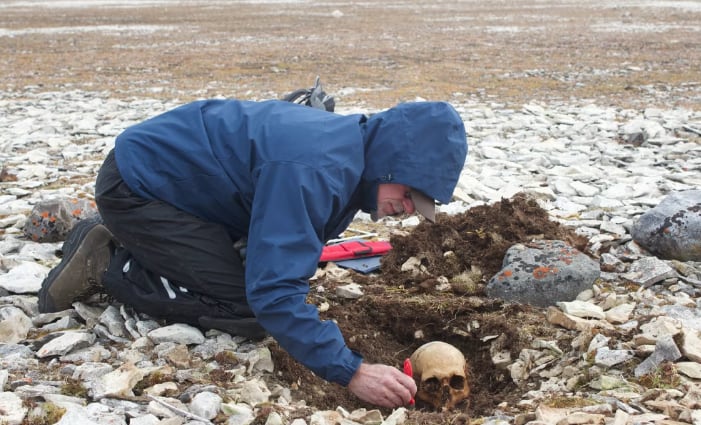 Dr. Douglas Stenton excavates the bones of Franklin expedition sailors at Erebus Bay in 2013. University of Waterloo