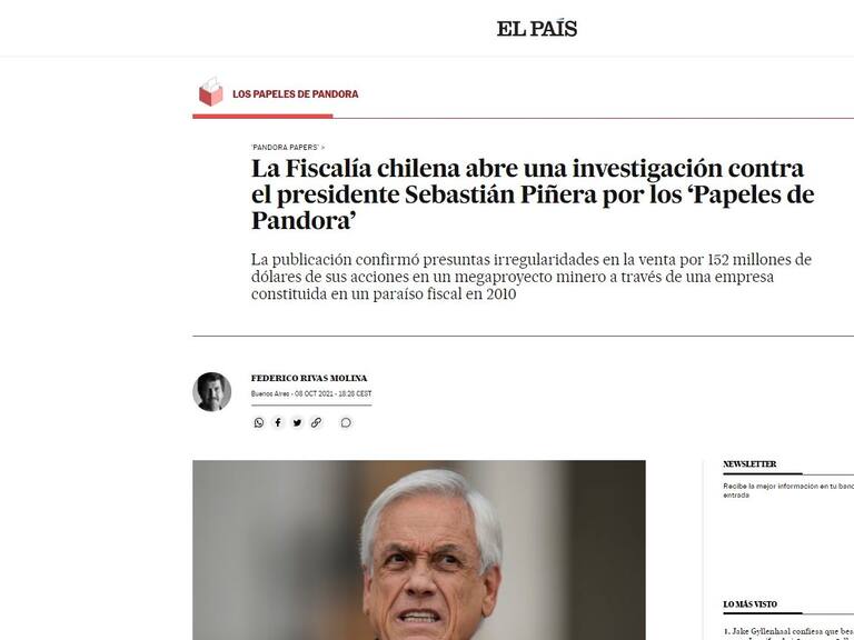 Presidente Piñera y Pandora Papers: así reaccionaron los medios internacionales tras anuncio de Fiscalía Nacional