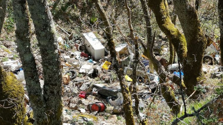 Illegal dumping ground for toxic waste in a natural area of oak forests in the Cantabrian Mountains (Palacios del Sil, León, Spain).