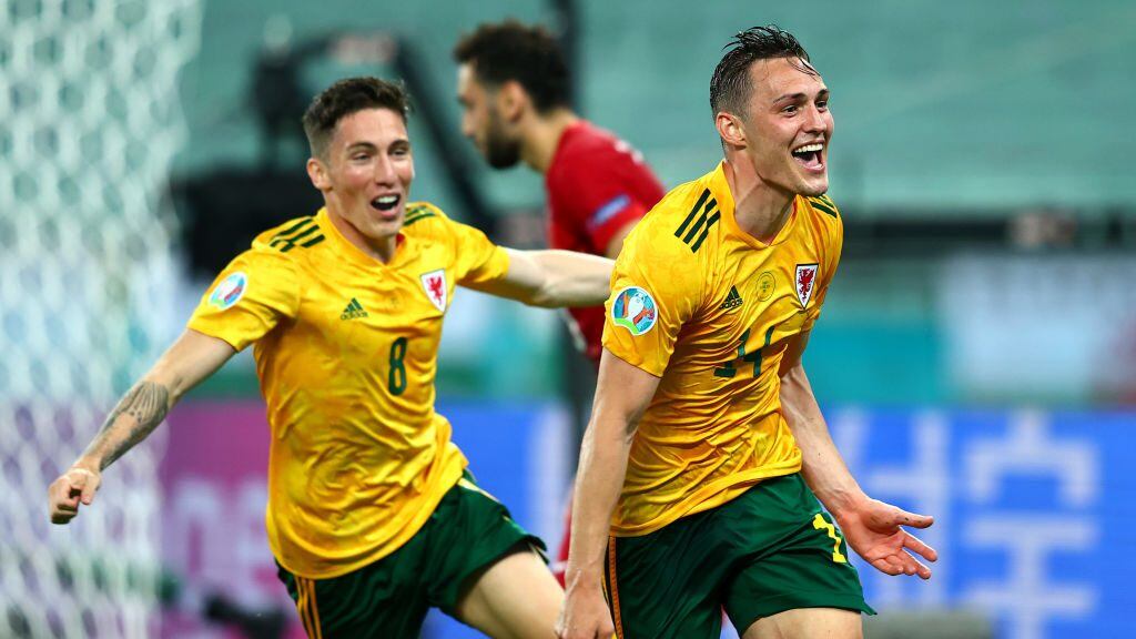 BAKU, AZERBAIJAN - JUNE 16: Connor Roberts of Wales celebrates with Harry Wilson after scoring their side's second goal during the UEFA Euro 2020 Championship Group A match between Turkey and Wales at Baku Olimpiya Stadionu on June 16, 2021 in Baku, Azerbaijan. (Photo by Francois Nel - UEFA/UEFA via Getty Images)