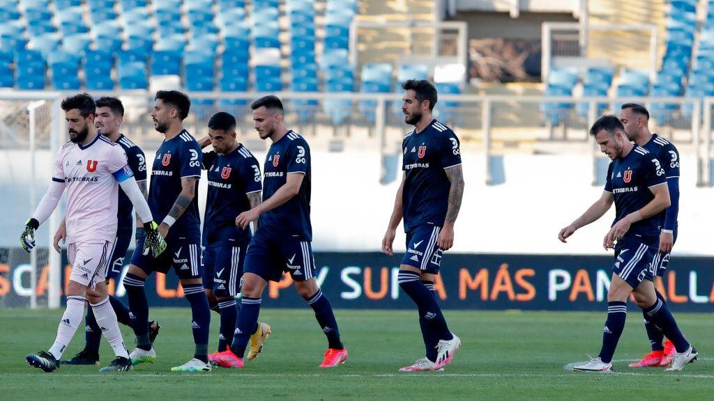3 de Abril del 2021/RANCAGUAJugadores de Universidad de Chile se lamentan ,durante el partido valido por la Segunda fecha del Campeonato Nacional AFP PlanVital 2021, entre Universidad de Chile vs Huachipato, disputado en el Estadio el Teniente.
FOTO:FRANCISCO LONGA/AGENCIAUNO