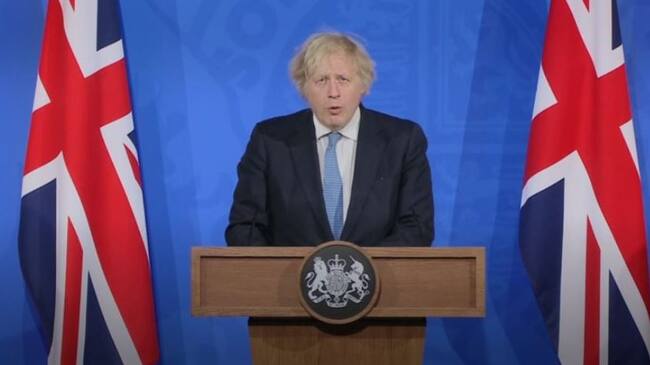 Screen grab of Prime Minister Boris Johnson during a media briefing in Downing Street, London, on coronavirus (COVID-19). Picture date: Monday April 5, 2021. (Photo by PA Video/PA Images via Getty Images)