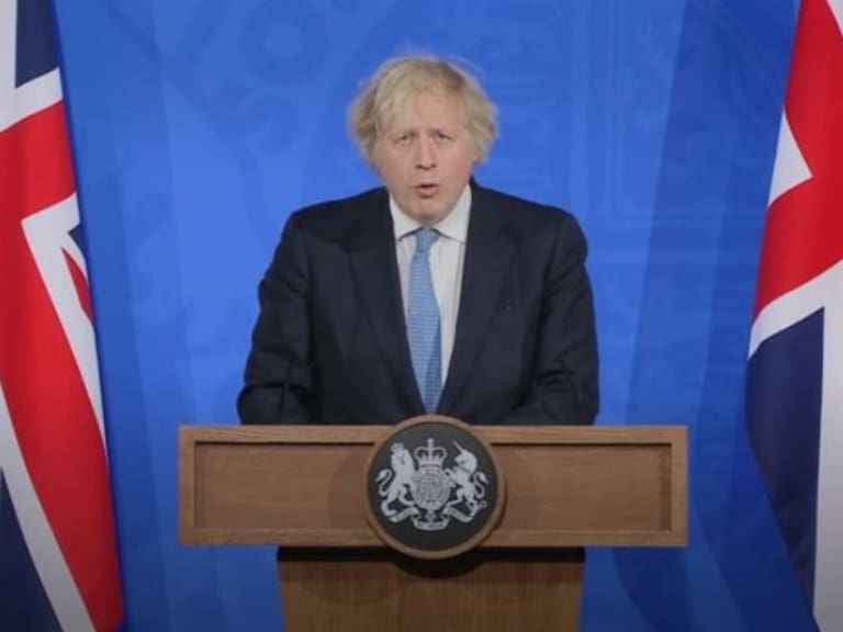 Screen grab of Prime Minister Boris Johnson during a media briefing in Downing Street, London, on coronavirus (COVID-19). Picture date: Monday April 5, 2021. (Photo by PA Video/PA Images via Getty Images)
