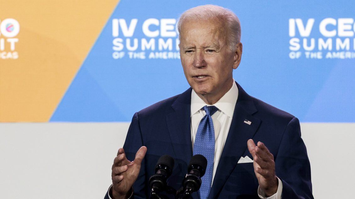 LOS ANGELES, CALIFORNIA - JUNE 09: U.S. President Joe Biden gestures as he speaks at a session of the CEO Summit of the Americas hosted by the U.S. Chamber of Commerce on June 09, 2022 in Los Angeles, California. The CEO Summit entered its second day of events alongside the Summit of the Americas, which is hosting leaders from across the Western Hemisphere. (Photo by Anna Moneymaker/Getty Images)