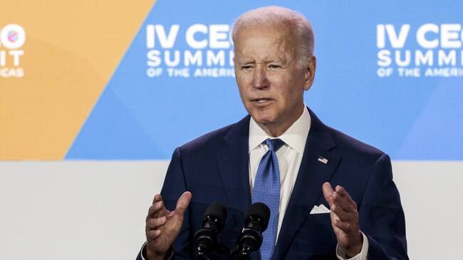 LOS ANGELES, CALIFORNIA - JUNE 09: U.S. President Joe Biden gestures as he speaks at a session of the CEO Summit of the Americas hosted by the U.S. Chamber of Commerce on June 09, 2022 in Los Angeles, California. The CEO Summit entered its second day of events alongside the Summit of the Americas, which is hosting leaders from across the Western Hemisphere. (Photo by Anna Moneymaker/Getty Images)