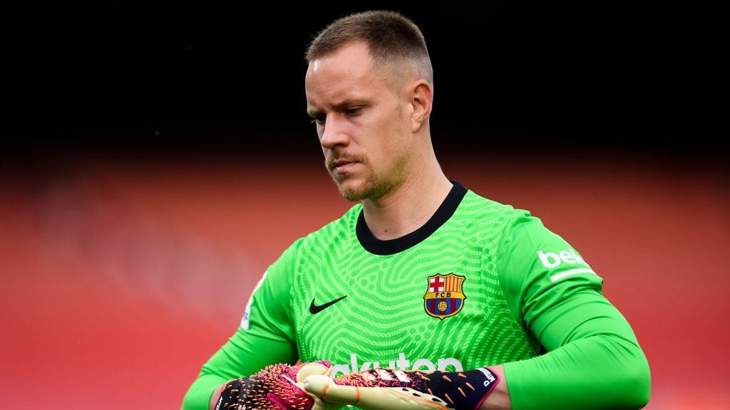 BARCELONA, SPAIN - MAY 16: Marc-Andre ter Stegen of FC Barcelona looks on during the La Liga Santander match between FC Barcelona and RC Celta at Camp Nou on May 16, 2021 in Barcelona, Spain. Sporting stadiums around Spain remain under strict restrictions due to the Coronavirus Pandemic as Government social distancing laws prohibit fans inside venues resulting in games being played behind closed doors. (Photo by David Ramos/Getty Images)