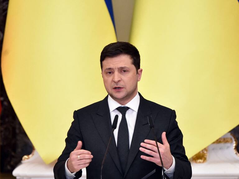 Ukrainian President Volodymyr Zelensky attends a joint press conference with his counterparts from Lithuania and Poland following their talks in Kyiv on February 23, 2022. (Photo by SERGEI SUPINSKY / AFP) (Photo by SERGEI SUPINSKY/AFP via Getty Images)