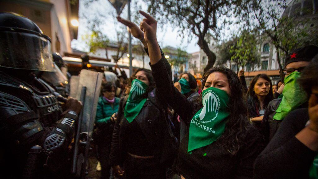 On September 20, 2019, another massive march was held against the decision of the National Assembly of Ecuador not to give way to the request to decriminalize abortion in case of rape. Several groups of women in favor of abortion, groups against the violence of women and private citizens, moved to the avenues of the Historic Center of Quito to demand that the decision made by the assembly members be reassessed. The protesters broke the police siege thus entering the Plaza de la Independencia to demand the government of Lenin Moreno to positively result in the request for decriminalization of abortion. (Photo by Rafael Rodriguez/NurPhoto via Getty Images)