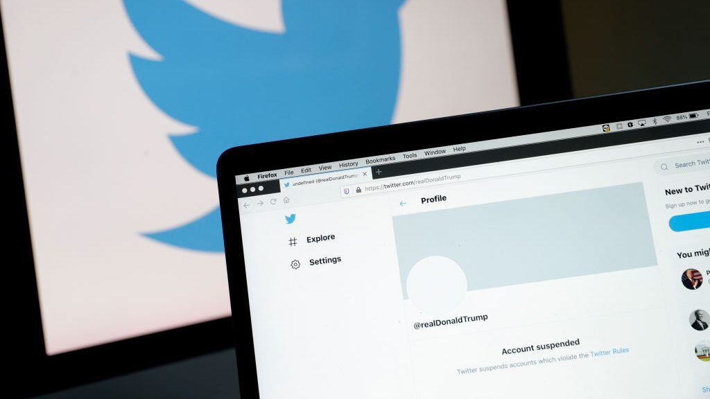 SAN ANSELMO, CALIFORNIA - JANUARY 08: The suspended Twitter account of U.S. President Donald Trump appears on a laptop screen on January 08, 2021 in San Anselmo, California. Citing the risk of further incitement of violence following an attempted insurrection on Wednesday, Twitter permanently suspended President Donald Trump’s account. (Photo Illustration by Justin Sullivan/Getty Images)