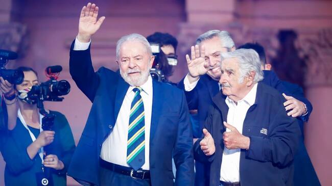 BUENOS AIRES, ARGENTINA - DECEMBER 10: Luiz Inácio Lula da Silva former president of Brazil, José Mujica former president of Uruguay and Alberto Fernández president of Argentina arrive an event during the International Human Rights Day And Restoration of Democracy in Argentina celebrations at Plaza de Mayo on December 10, 2021 in Buenos Aires, Argentina. The International Human Rights Day is celebrated in commemoration of the adoption of the Universal Declaration of Human Rights by the General Assembly of the United Nations in Paris on December 10, 1948. On this date Argentina also celebrates the restoration of democracy in 1983 after the last military dictatorship. (Photo by Marcos Brindicci/Getty Images)