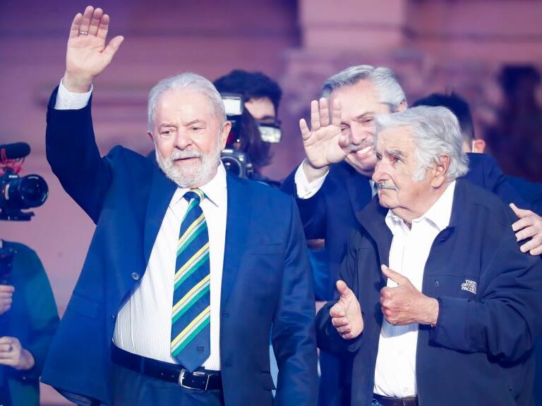 BUENOS AIRES, ARGENTINA - DECEMBER 10: Luiz Inácio Lula da Silva former president of Brazil, José Mujica former president of Uruguay and Alberto Fernández president of Argentina arrive an event during the International Human Rights Day And Restoration of Democracy in Argentina celebrations at Plaza de Mayo on December 10, 2021 in Buenos Aires, Argentina. The International Human Rights Day is celebrated in commemoration of the adoption of the Universal Declaration of Human Rights by the General Assembly of the United Nations in Paris on December 10, 1948. On this date Argentina also celebrates the restoration of democracy in 1983 after the last military dictatorship. (Photo by Marcos Brindicci/Getty Images)