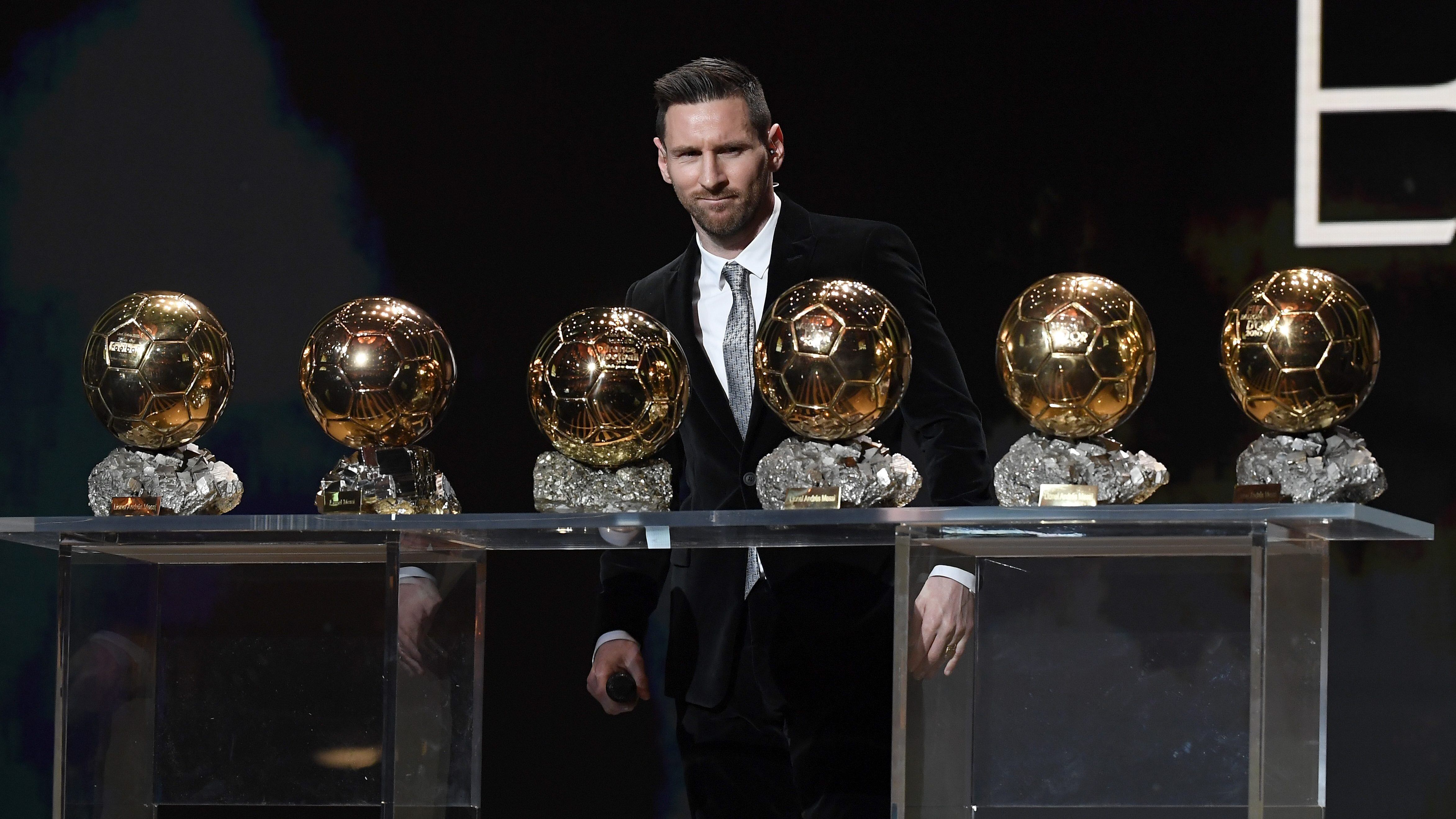 PARIS, FRANCE - DECEMBER 02: Lionel Messi (ARG / FC Barcelona) poses onstage after winning his sixth Ballon D'Or award during the Ballon D'Or Ceremony at Theatre Du Chatelet on December 02, 2019 in Paris, France. (Photo by Kristy Sparow/Getty Images)