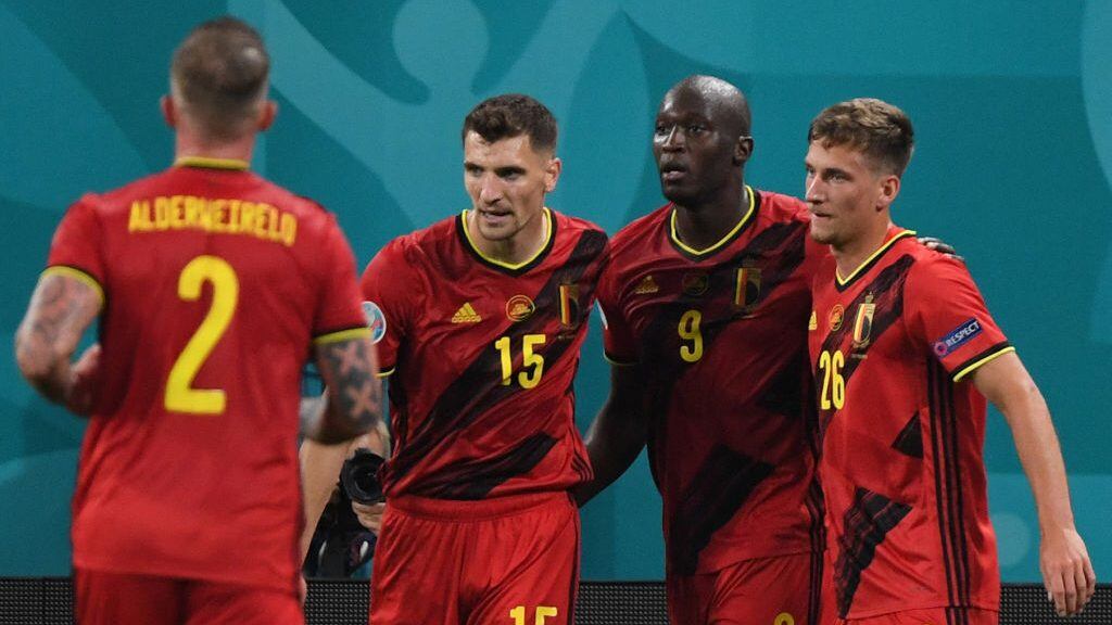 Belgium's forward Romelu Lukaku (2nd-R) celebrates with teammates after scoring his team's third goal during the UEFA EURO 2020 Group B football match between Belgium and Russia at the Saint Petersburg Stadium in Saint Petersburg on June 12, 2021. (Photo by Kirill KUDRYAVTSEV / POOL / AFP) (Photo by KIRILL KUDRYAVTSEV/POOL/AFP via Getty Images)