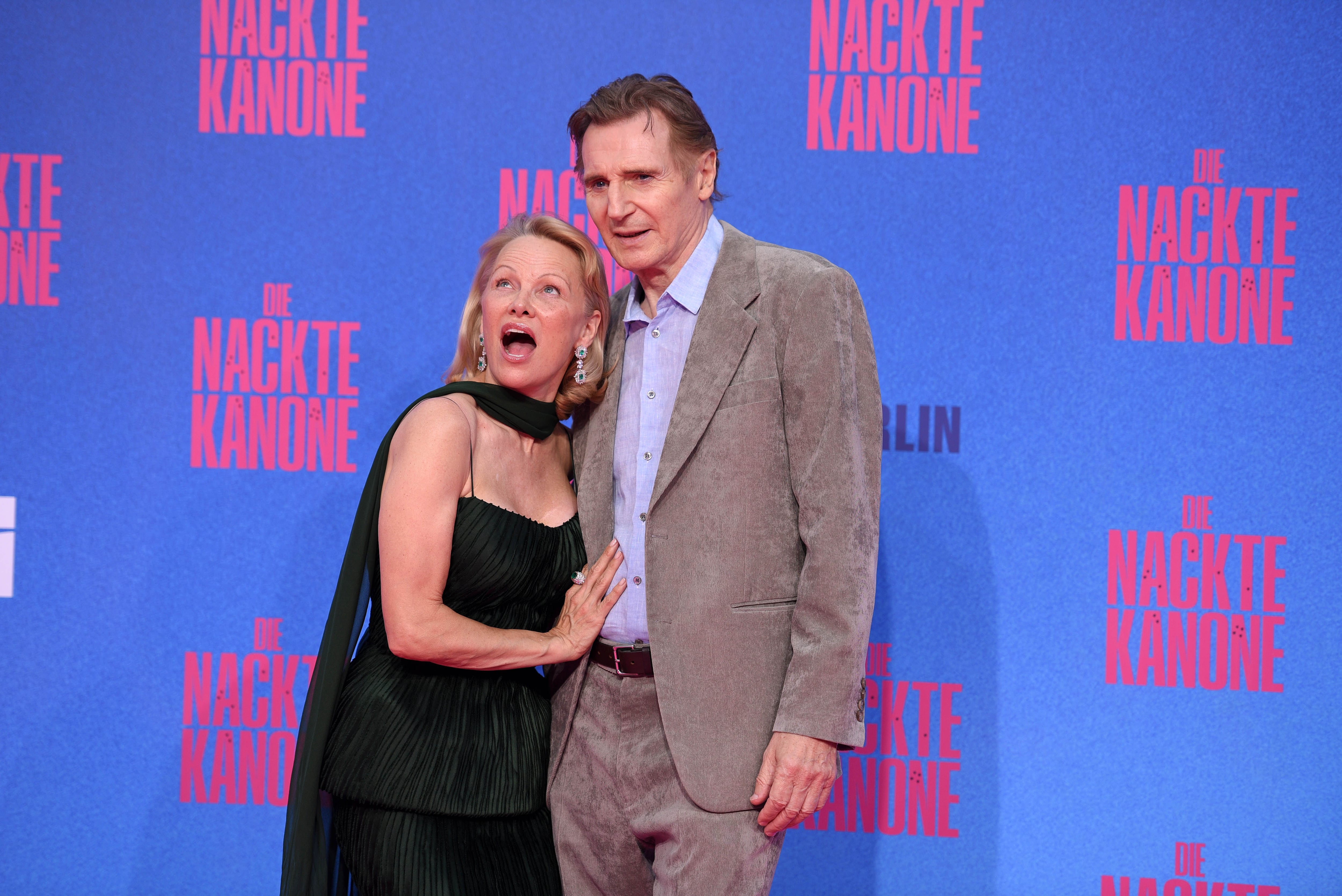 BERLIN, GERMANY - JULY 24: US actress Pamela Anderson and british-irish actor Liam Neeson attend the Berlin premiere of the movie "The Naked Gun" (German Title: Die Nackte Kanone) at UCI Luxe East Side Gallery on July 24, 2025 in Berlin, Germany. (Photo by Tristar Media/WireImage)
