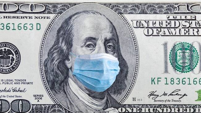 Coronavirus Wuhan. US quarantine, 100 dollar banknote with medical mask. The concept of epidemic and protection against coronavrius.