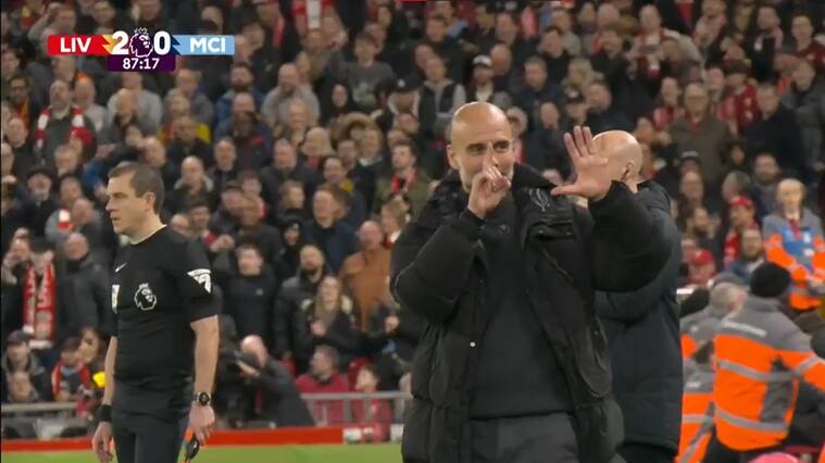 Pep Guardiola pierde la paciencia y lanza polémico gesto a hinchas de Liverpool que se burlaban tras caída del City | Captura de pantalla