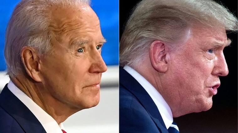 (COMBO) This combination of pictures created on October 15, 2020 shows Democratic Presidential candidate and former US Vice President Joe Biden participates in an ABC News town hall event at the National Constitution Center in Philadelphia on October 15, 2020, and US President Donald Trump gestures as he speaks during an NBC News town hall event at the Perez Art Museum in Miami on October 15, 2020. (Photos by JIM WATSON and Brendan Smialowski / AFP) (Photo by JIM WATSON,BRENDAN SMIALOWSKI/AFP via Getty Images)
