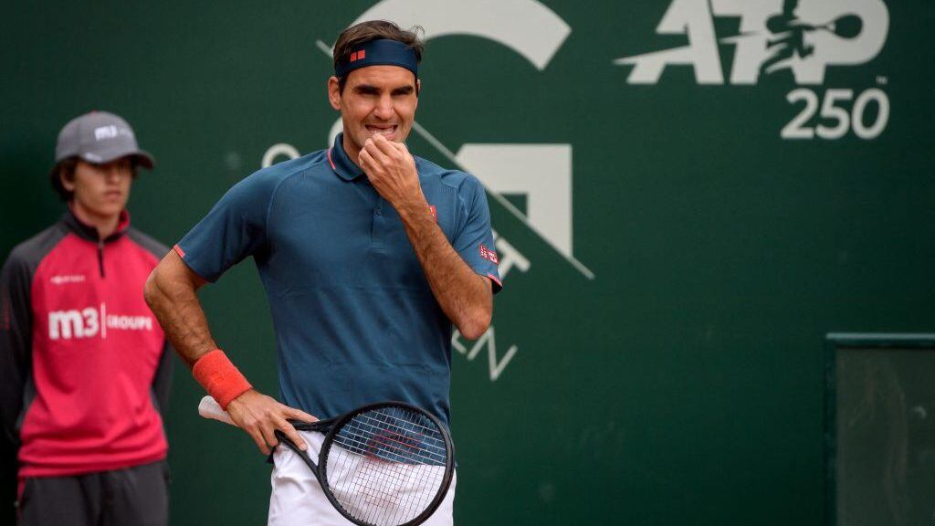 Switzerland's Roger Federer reacts during his match against Spain's Pablo Andujar at the ATP 250 Geneva Open tennis tournament on May 18, 2021 in Geneva. (Photo by Fabrice COFFRINI / AFP) (Photo by FABRICE COFFRINI/AFP via Getty Images)