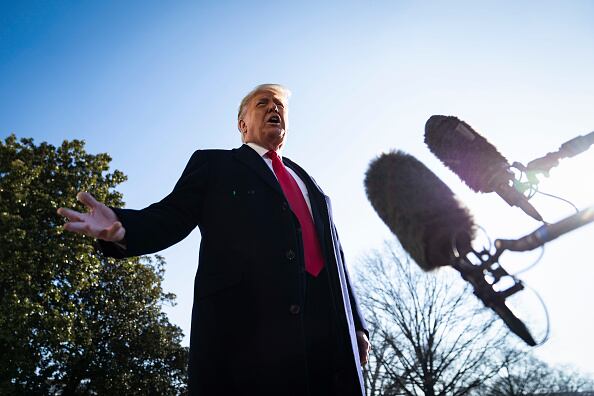 WASHINGTON, DC – JANUARY 12: President Donald J. Trump stops to talk to reporters as he walk to board Marine One and depart from the South Lawn at the White House on Tuesday, Jan 12, 2021 in Washington, DC. (Photo by Jabin Botsford/The Washington Post via Getty Images)