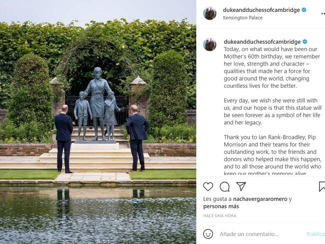 Príncipe William y príncipe Harry junto a la estatua de Lady Di | Instagram