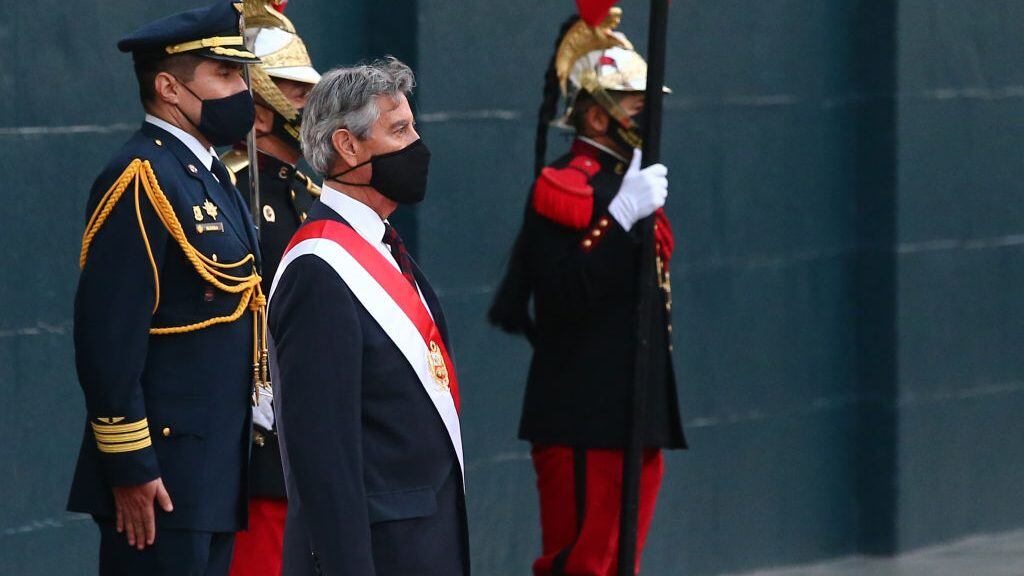 LIMA, PERU - NOVEMBER 17: Newly appointed interim President Francisco Sagasti walks out of Congress wearing the presidential sash after taking oath on November 17, 2020 in Lima, Peru. Lawmakers chose Sagasti to become interim president until the next presidential elections scheduleded for July 28th, 2021. He is the third president in a week after the Congress removed Martin Vizcarra and protests forced the resignation of interim Manuel Merino on Sunday. (Photo by Hugo Curotto/Getty Images)