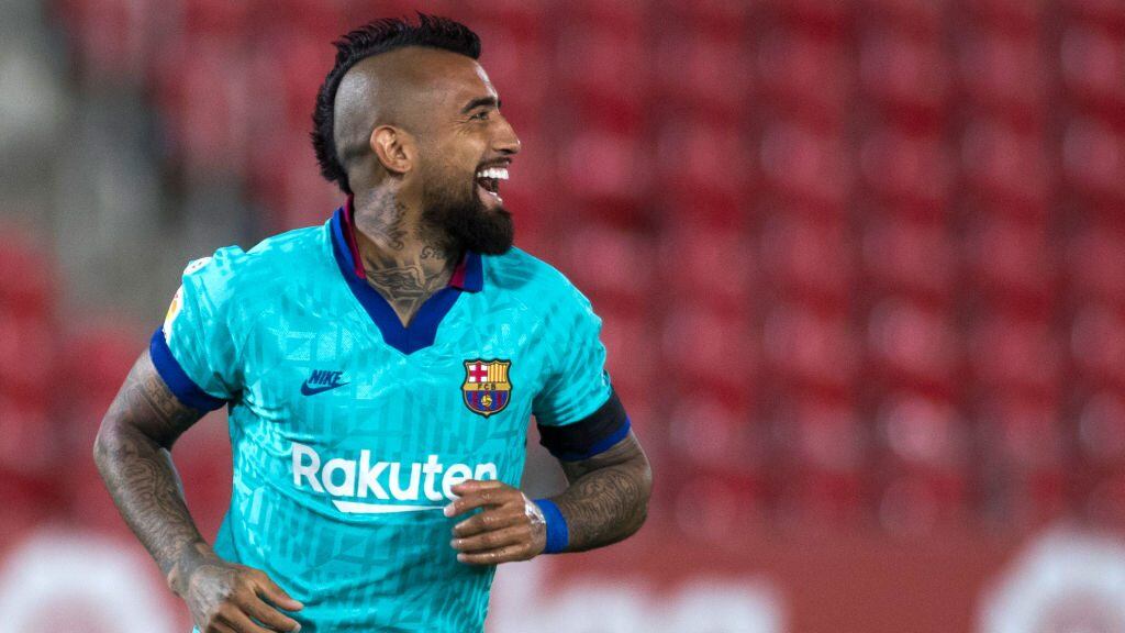 Barcelona's Chilean midfielder Arturo Vidal celebrates after scoring a goal during the Spanish League football match between RCD Mallorca and FC Barcelona at the Visit Mallorca stadium (Son Moix stadium) in Palma de Mallorca on June 13, 2020. (Photo by JAIME REINA / AFP) (Photo by JAIME REINA/AFP via Getty Images)