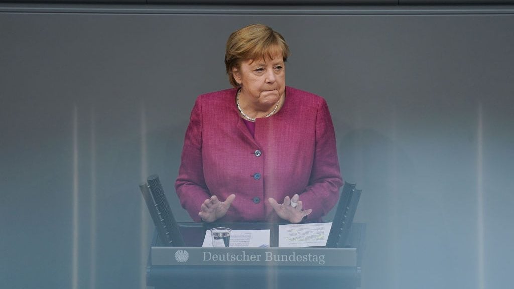 BERLIN, GERMANY - APRIL 16: German Chancellor Angela Merkel addresses a session of the Bundestag that includes the first reading of new measures to rein in the spread of the coronavirus on April 16, 2021 in Berlin, Germany. The measures include enhanced powers for the federal government to impose nation-wide lockdown restrictions that had previously been under the authority of individual states. The power shift is controversial and has already sparked popular protest. (Photo by Sean Gallup/Getty Images)