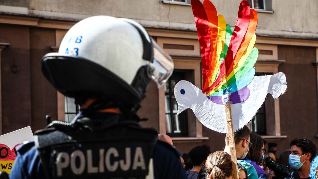 LGBT activists and supporters demonstrate during Equality March in Katowice, Poland, on September 05, 2020. (Photo by Beata Zawrzel/NurPhoto via Getty Images)