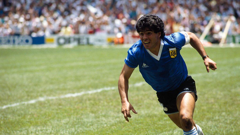 Diego Maradona from Argentina celebrates after scoring his second goal against England in a quarterfinal match of the 1986 FIFA World Cup. (Photo by Jean-Yves Ruszniewski/Corbis/VCG via Getty Images)