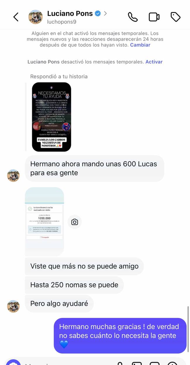 Pantallazo de la conversación con Luciano Pons