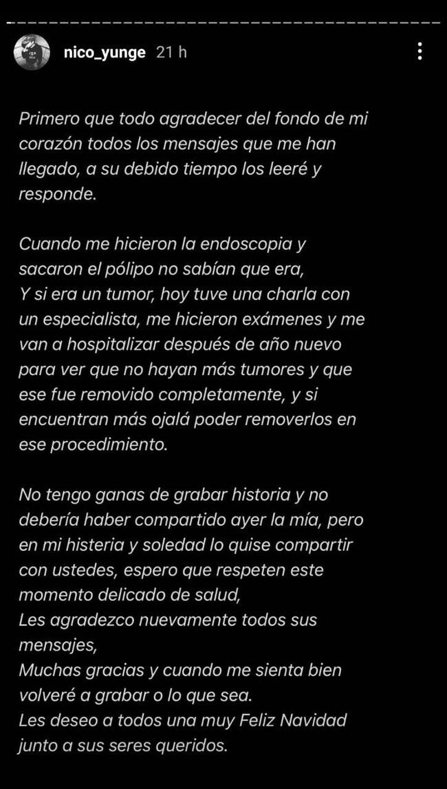 Nicolás Yunge preocupó con delicado estado de salud | Captura Instagram