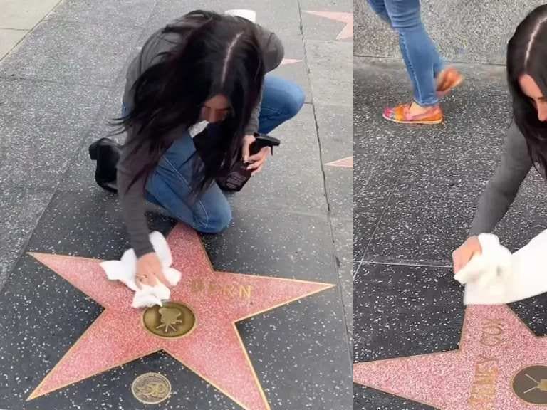 A lo Monica: pillan a Courteney Cox limpiando su estrella en el Paseo de la Fama