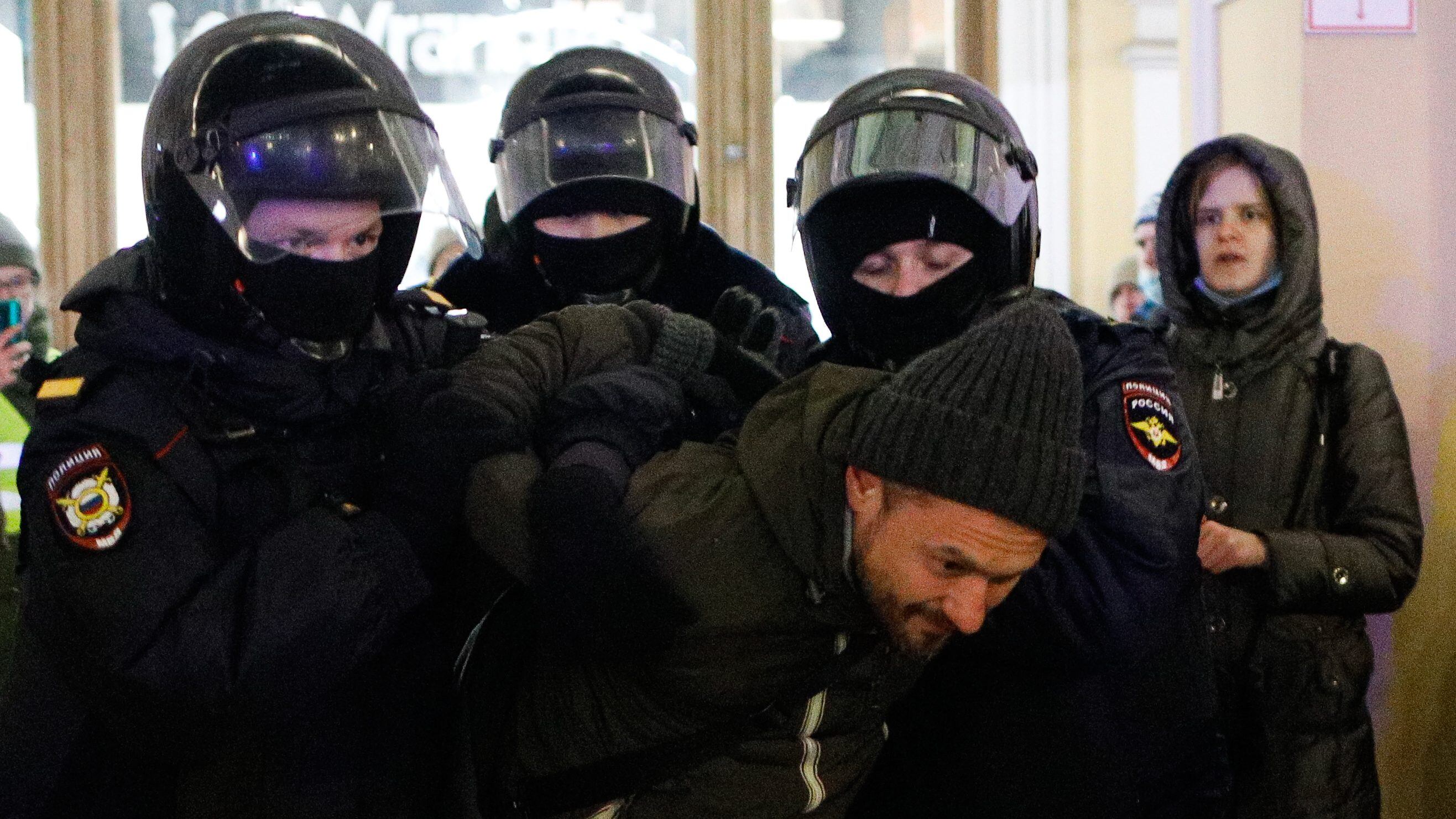 Police officers detain a participant of a rally in the center of St. Petersburg against military actions on the territory of Ukraine. Saint Petersburg, Russia. February 26, 2022 (Photo by Valya Egorshin/NurPhoto via Getty Images)