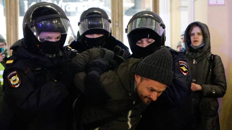 Police officers detain a participant of a rally in the center of St. Petersburg against military actions on the territory of Ukraine. Saint Petersburg, Russia. February 26, 2022 (Photo by Valya Egorshin/NurPhoto via Getty Images)