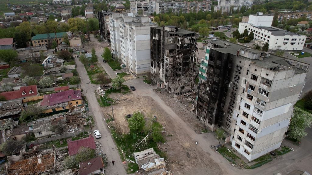 Imagen aérea de la destrucción que dejan los ataque en Borodianka