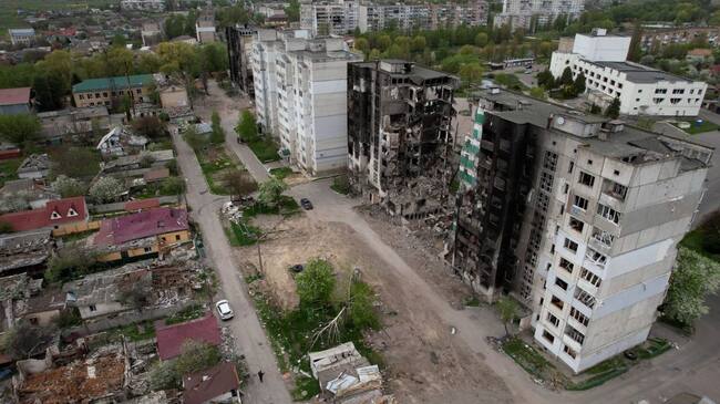Imagen aérea de la destrucción que dejan los ataque en Borodianka
