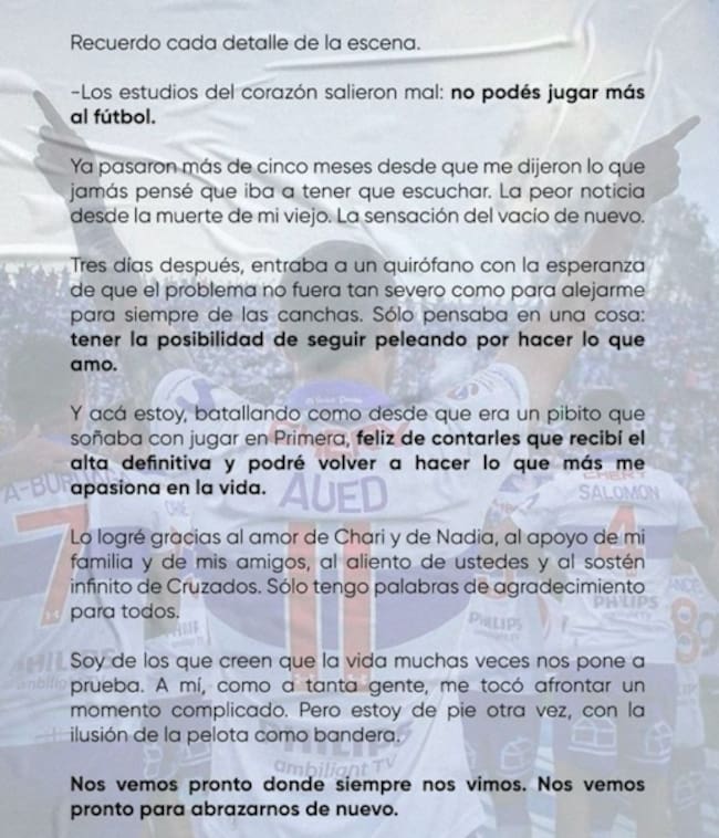 Carta de Luciano Aued confirmando su regreso. (Fuente: Instagram Luciano Aued)