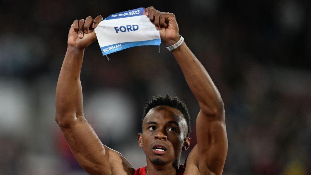 Chile's Santiago Adolfo Ford Romero celebrates after the men's decathlon 1500m event of the Pan American Games Santiago 2023 at the National Stadium in Santiago, on October 31, 2023. (Photo by MAURO PIMENTEL / AFP) (Photo by MAURO PIMENTEL/AFP via Getty Images)