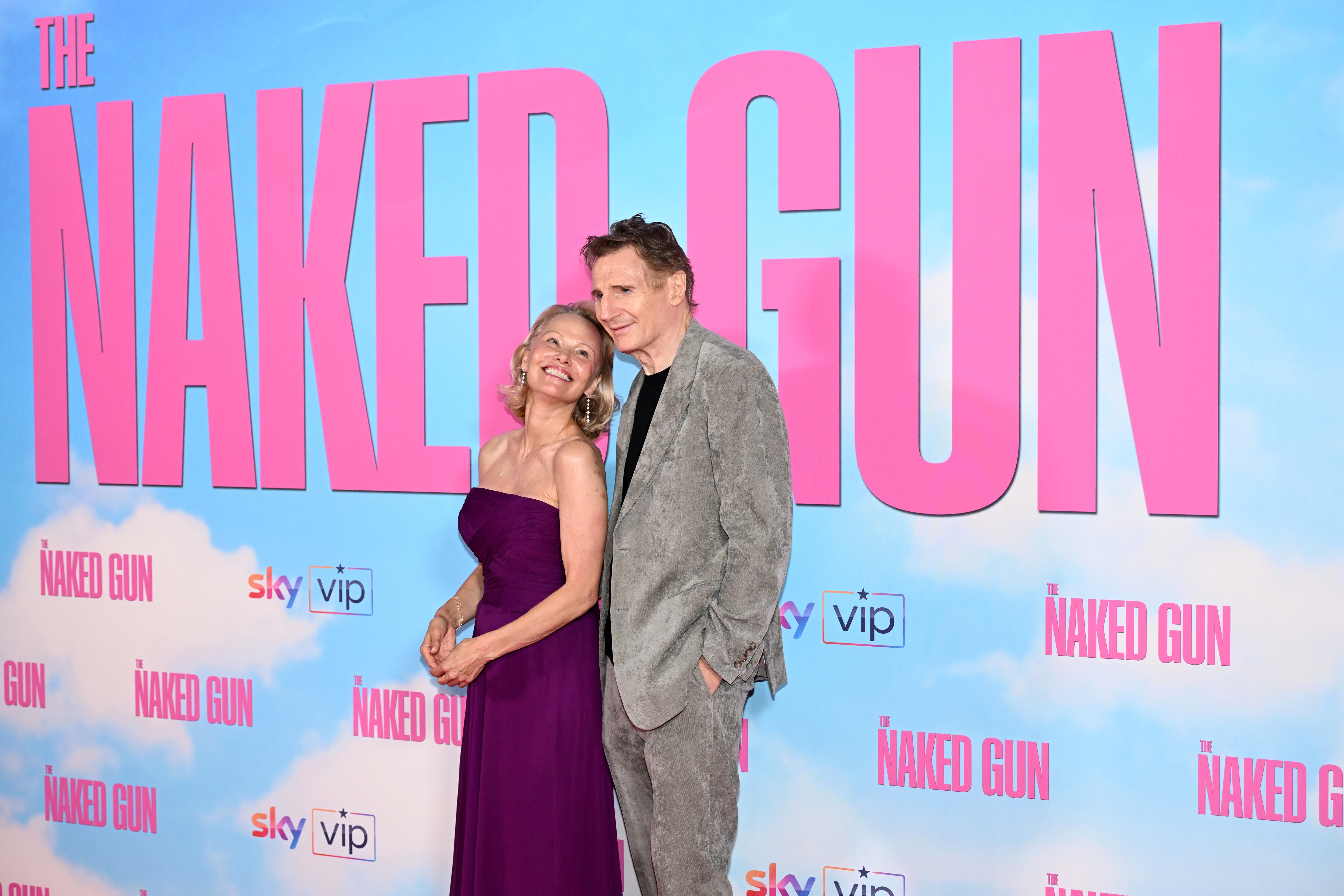 LONDON, ENGLAND - JULY 22: Pamela Anderson and Liam Neeson attend "The Naked Gun" UK Premiere at Cineworld Leicester Square on July 22, 2025, in London, England. (Photo by Kate Green/Getty Images for Paramount Pictures)