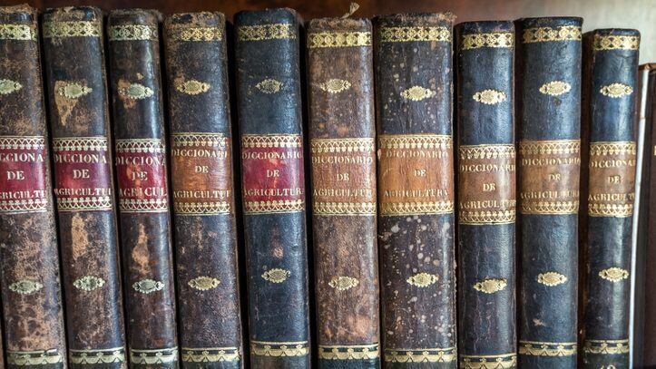 Close-up of leather-bound vintage agriculture encyclopaedia, Oleiros, A Coruna, Galicia, Spain