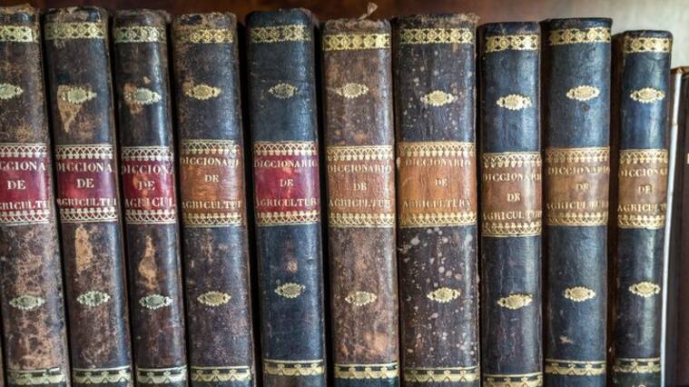 Close-up of leather-bound vintage agriculture encyclopaedia, Oleiros, A Coruna, Galicia, Spain