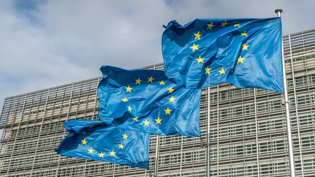 European Union flags at Berlaymont building of the European Commission in Brussels, Belgium