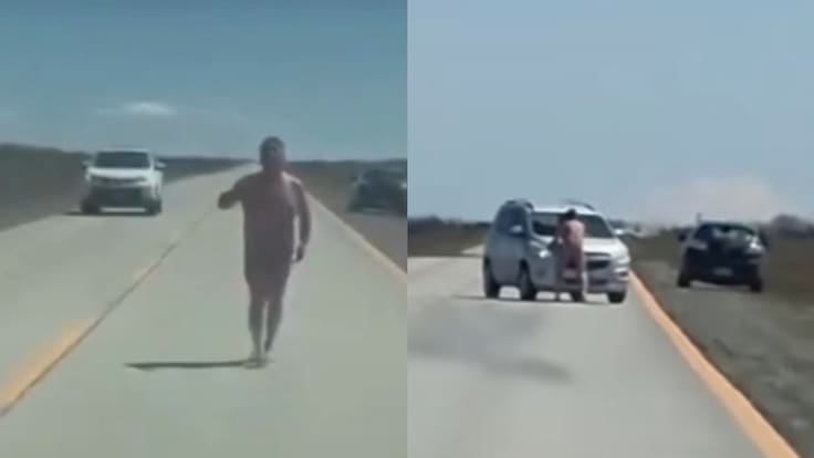 Desnudo y borracho: captan a hombre atacando vehículos en carretera de Magallanes