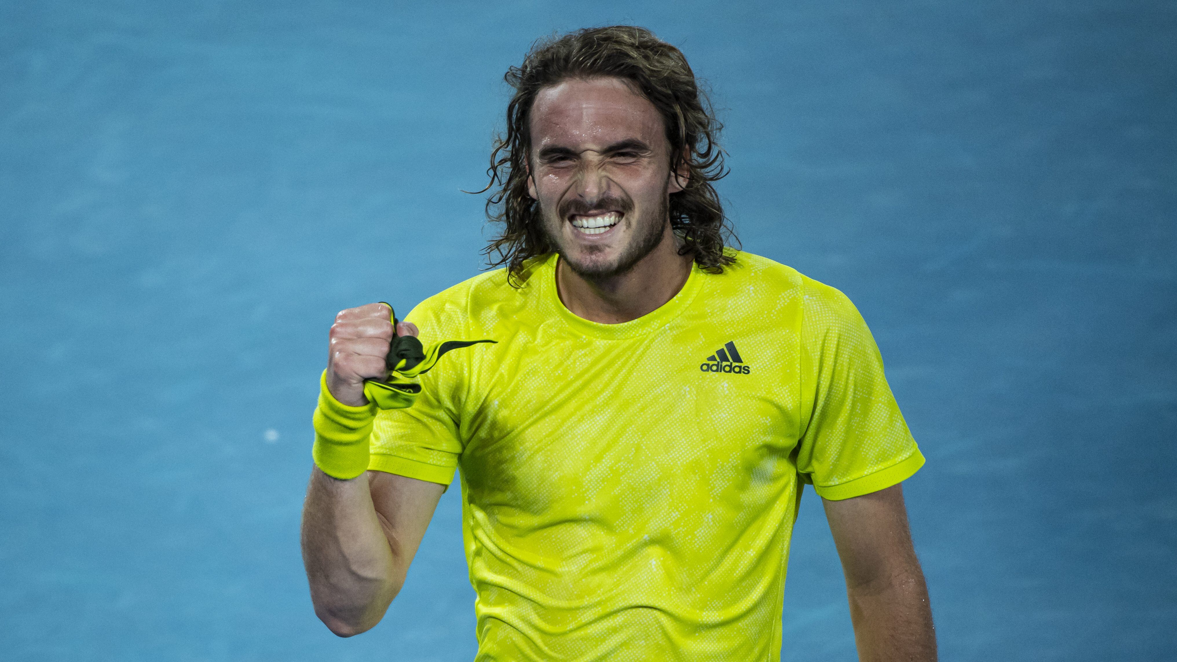 MELBOURNE, AUSTRALIA - FEBRUARY 17: Stefanos Tsitsipas of Greece celebrates after beating Rafael Nadal of Spain during day 10 of the 2021 Australian Open at Melbourne Park on February 17, 2021 in Melbourne, Australia. (Photo by TPN/Getty Images)