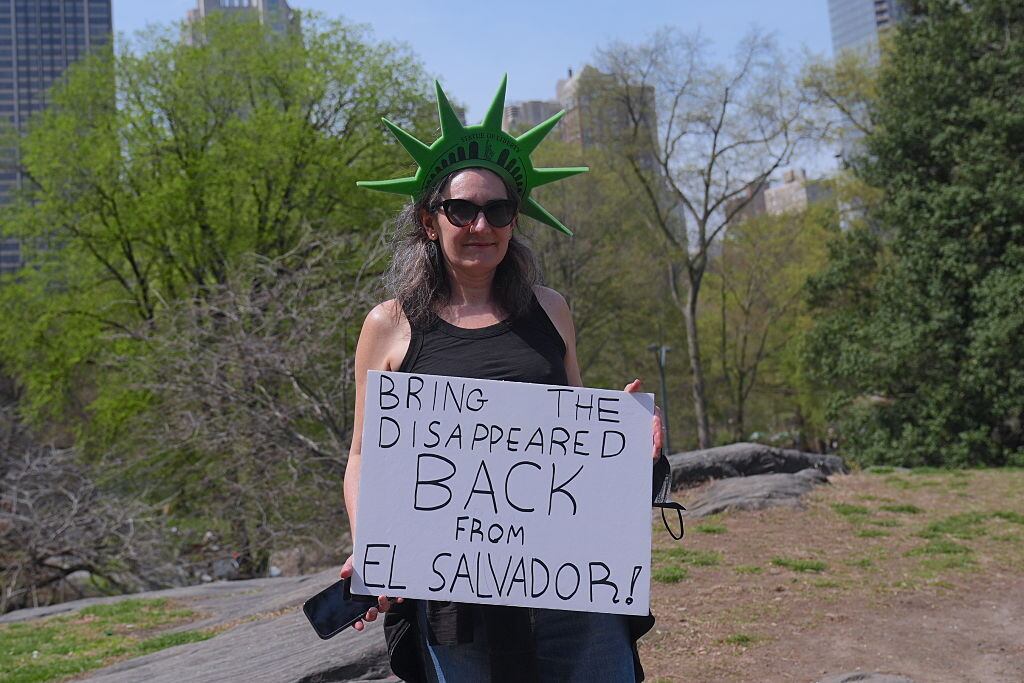 NEW YORK CITY, UNITED STATES APRIL 19: Protesters march through the streets of Manhattan during a demonstration against the administration of President Donald Trump in New York City on April 19, 2025. Thousands gathered with banners and signs to voice their opposition to the government's policies. (Photo by Selcuk Acar/Anadolu via Getty Images)