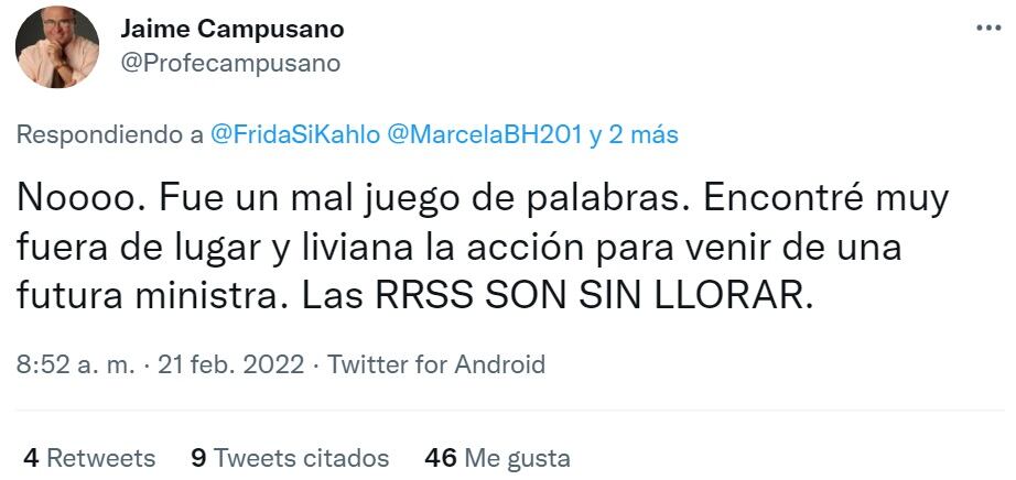 Jaime Campusano respondió tras ofensivo tuit a Izkia Siches