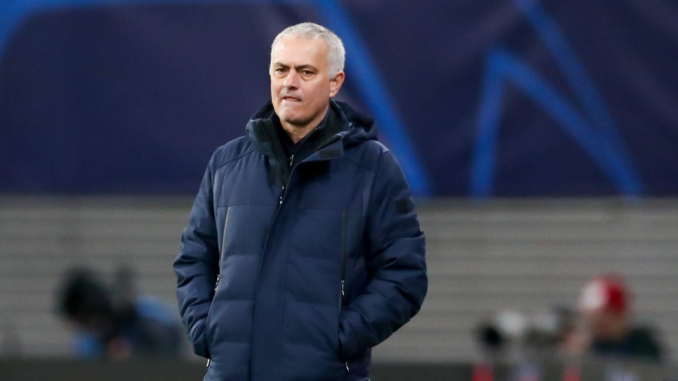 10 March 2020, Saxony, Leipzig: Football: Champions League, Round of 16, RB Leipzig - Tottenham Hotspur in the Red Bull Arena. Tottenham coach Jose Mourinho stands disappointed on the sidelines. Photo: Jan Woitas/dpa-Zentralbild/dpa (Photo by Jan Woitas/picture alliance via Getty Images)