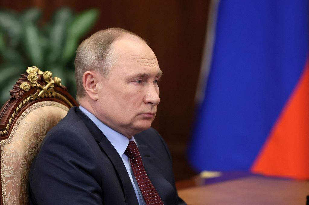 Russian President Vladimir Putin attends a meeting with the head of Russia's Union of Industrialists and Entrepreneurs, a big business lobby group, at the Kremlin in Moscow on March 2, 2022. (Photo by Mikhail Klimentyev / SPUTNIK / AFP) (Photo by MIKHAIL KLIMENTYEV/SPUTNIK/AFP via Getty Images)