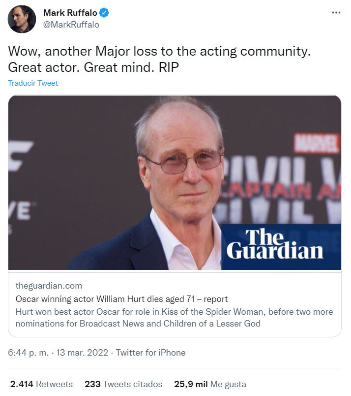 Actor Mark Ruffalo despide a su colega de Marvel William Hurt
